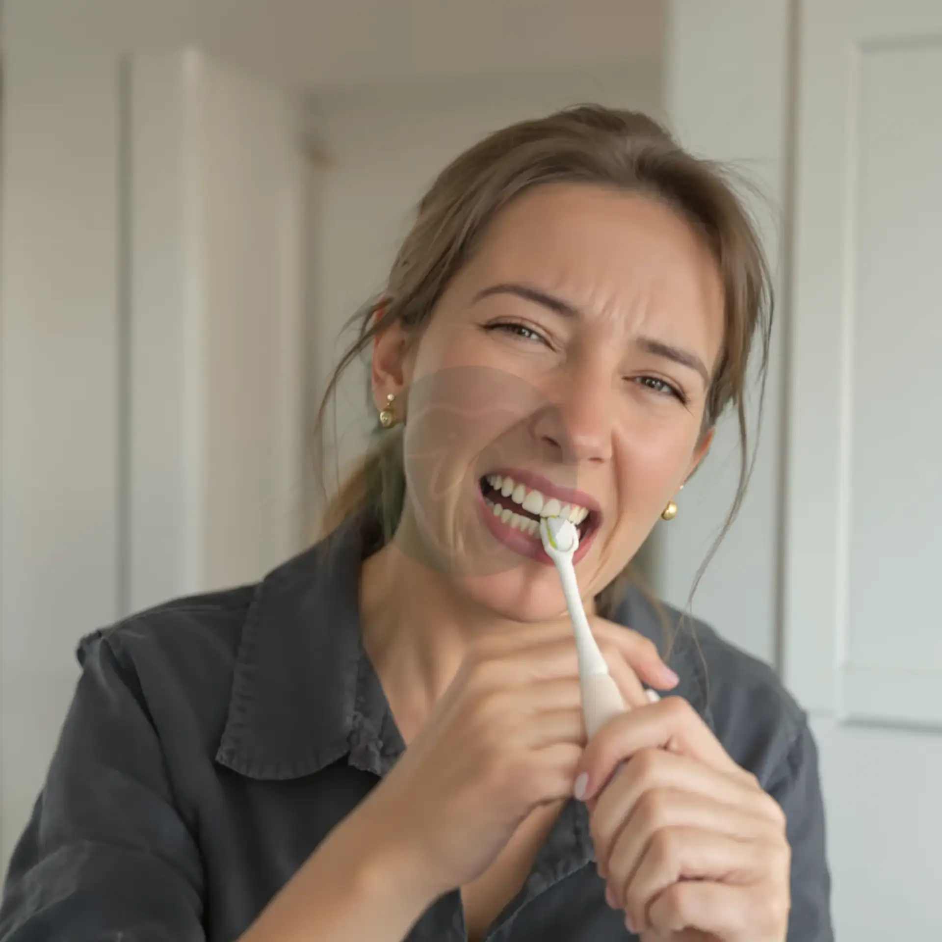 Woman wincing while brushing, the sharp twinge that gives sensitive teeth away – IC Dental, Istanbul