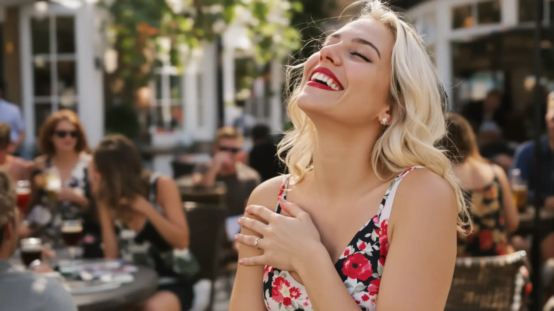 Blonde woman laughing at an outdoor cafe table, showing an even, bright smile.