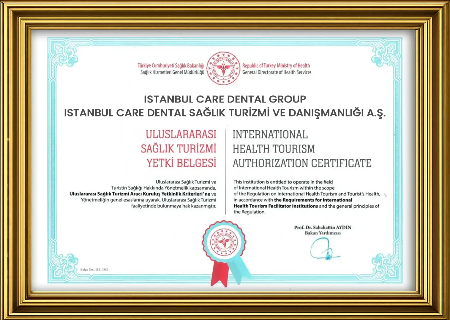 Istanbul Care Dental Health Tourism Certificate
