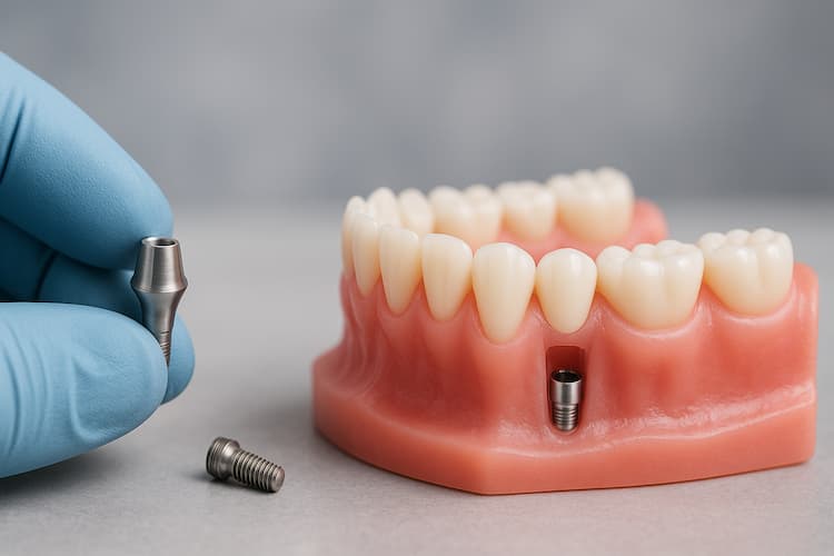 Dental implant abutment held beside a lower jaw model with an implant socket
