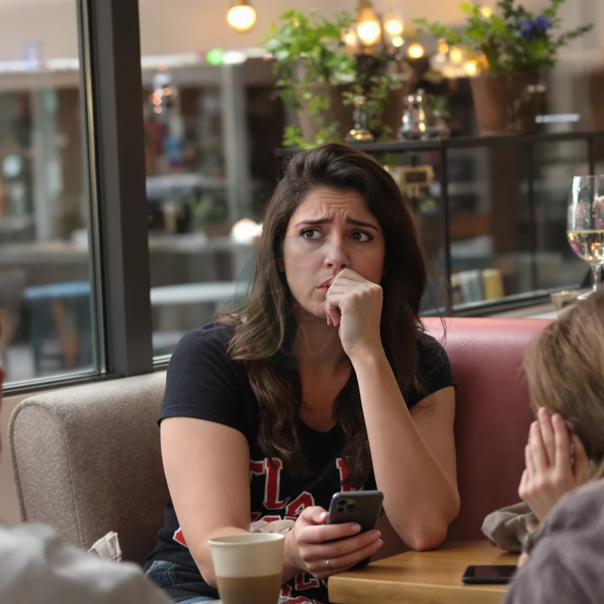 Woman at a café covering her mouth mid-conversation, the self-consciousness bad breath brings – IC Dental, Istanbul