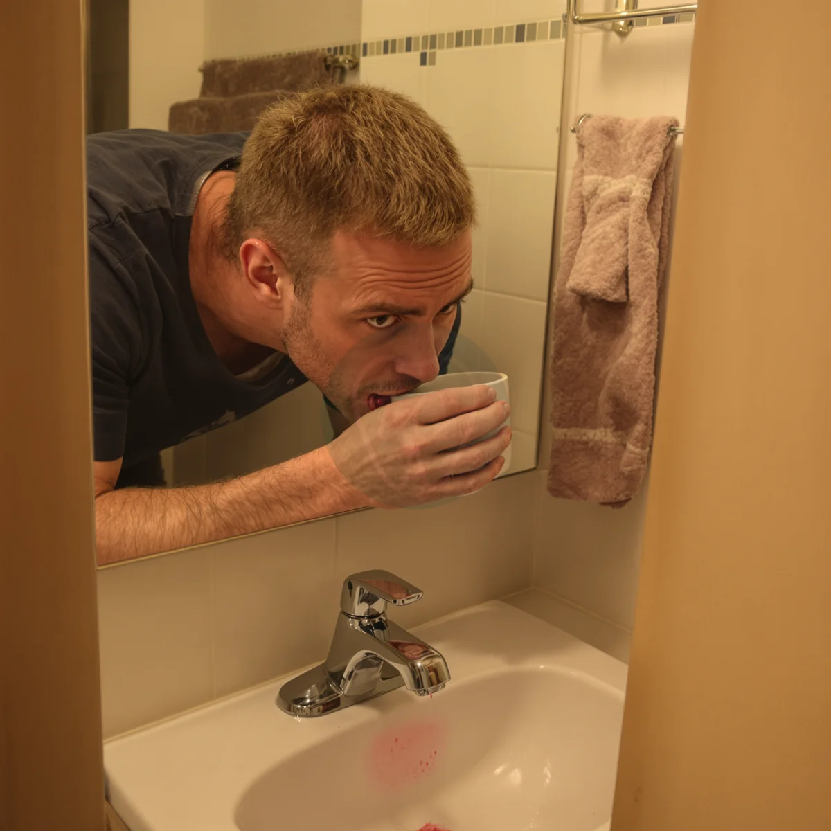 Man rinsing his mouth at the bathroom sink right after chipping a tooth, the first step before seeing a dentist – IC Dental, Istanbul