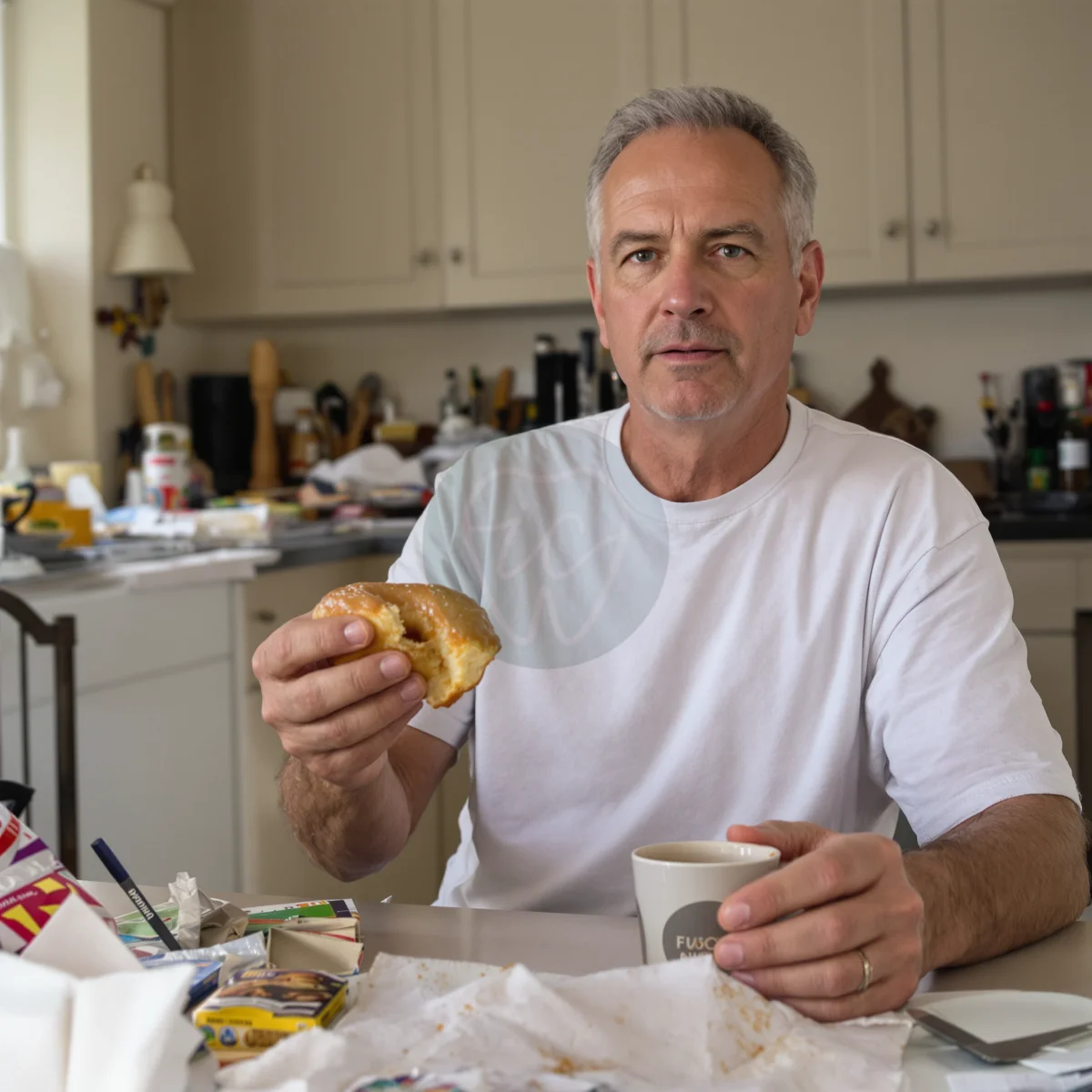 Man having a sugary donut with coffee, the everyday diet habit that feeds plaque and raises gum disease risk – IC Dental, Istanbul