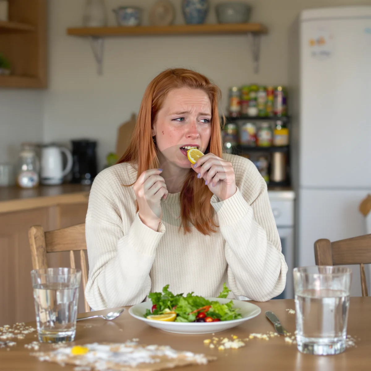 Woman wincing as she bites a lemon wedge, the acidic food trigger that sets off mouth ulcers – IC Dental, Istanbul