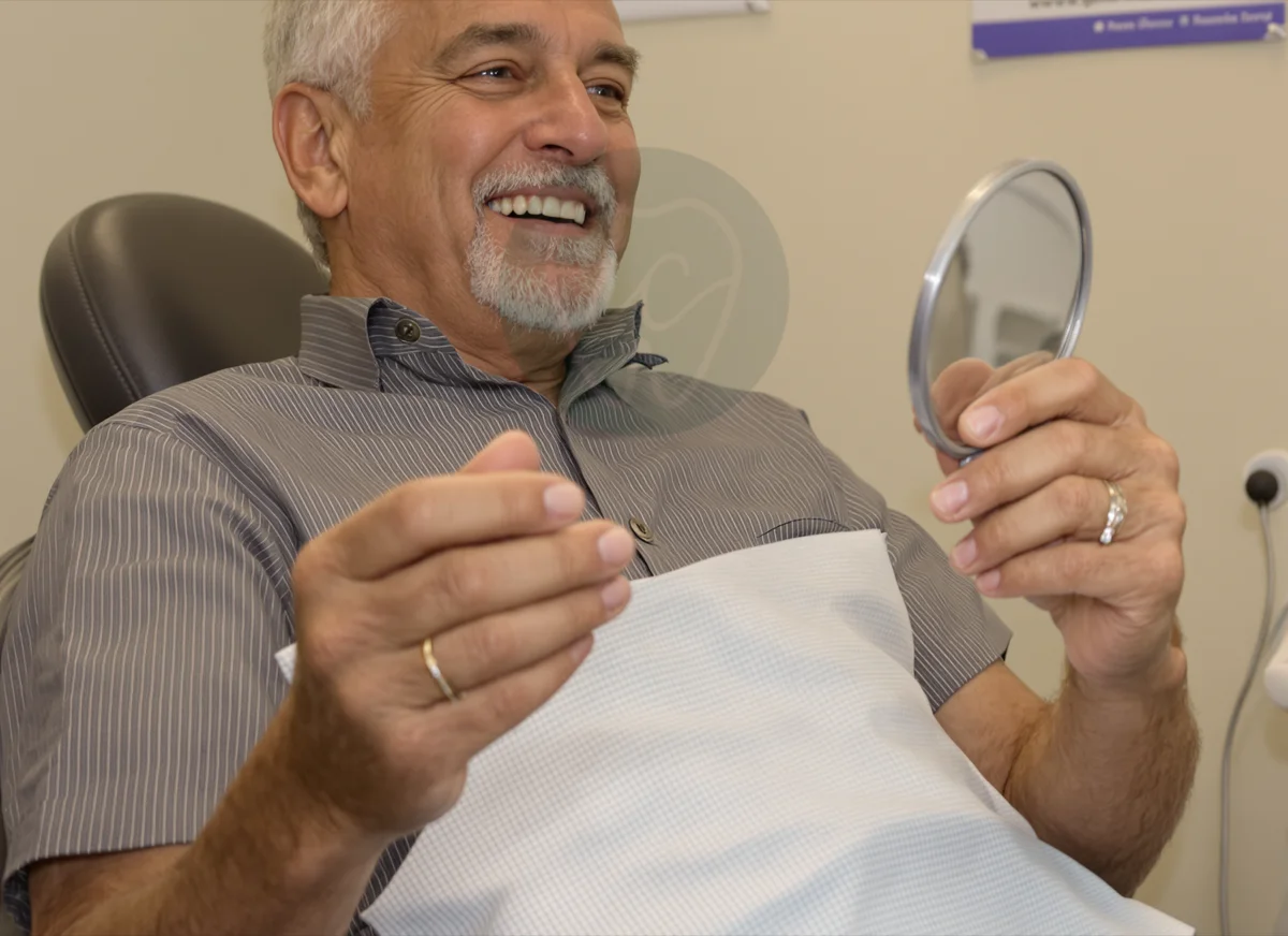 Patient checking his new smile in a hand mirror, the outcome same-day implant candidates are assessed for – IC Dental, Istanbul