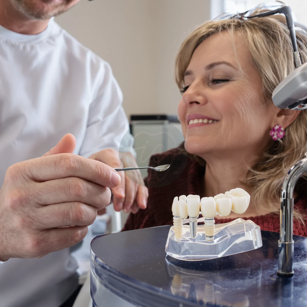 Dentist using an implant model to walk a patient through how same-day dental implants are placed – IC Dental, Istanbul