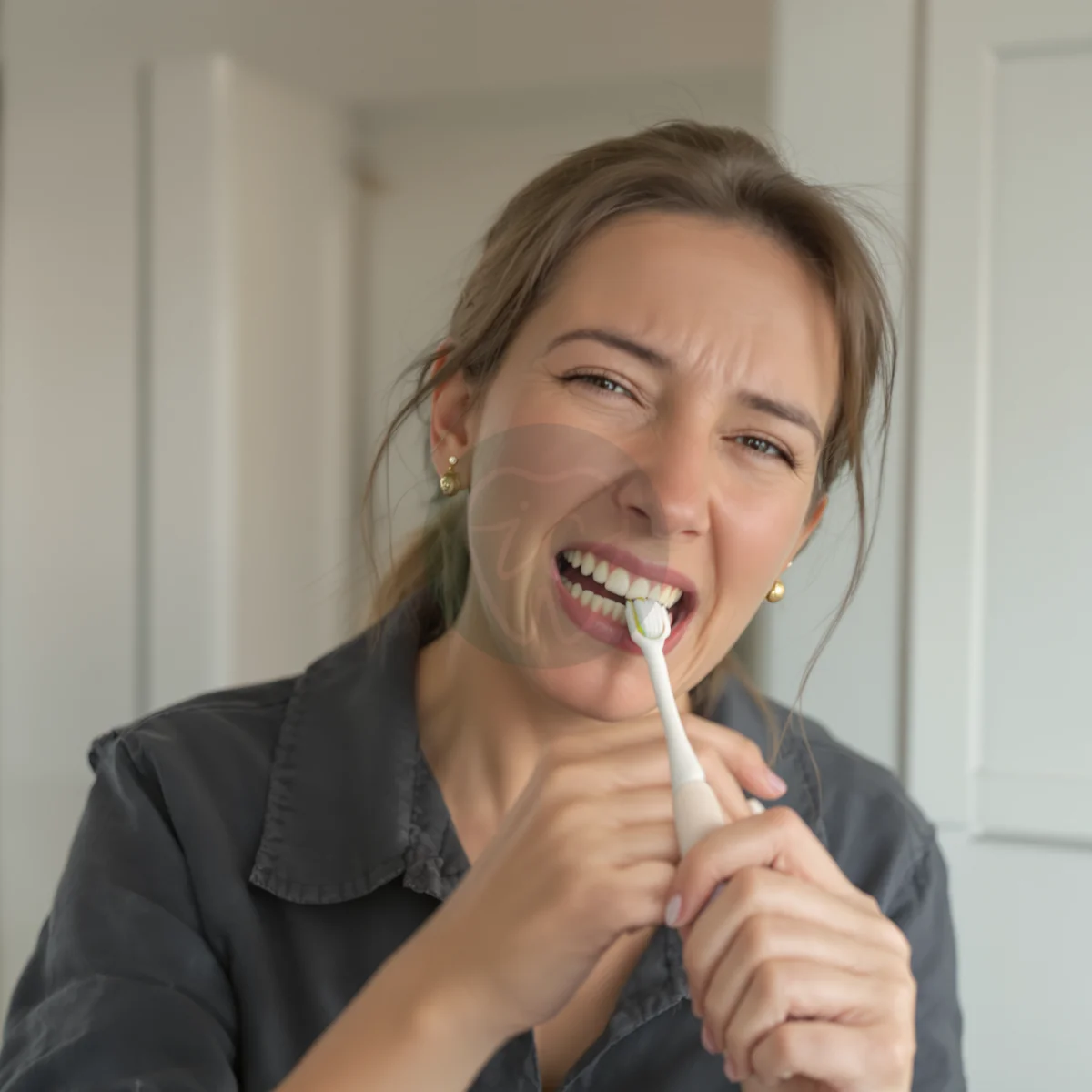Woman wincing while brushing, the sharp twinge that gives sensitive teeth away – IC Dental, Istanbul