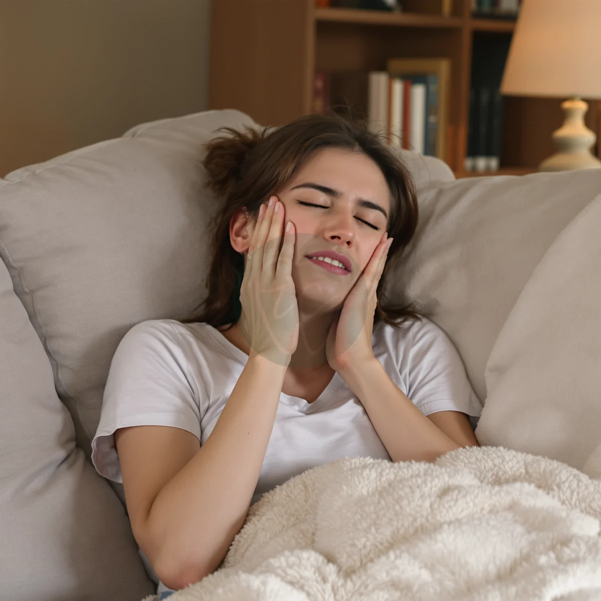 Woman holding both cheeks in pain on the couch, deciding if it is everyday sensitivity or a dental emergency – IC Dental, Istanbul